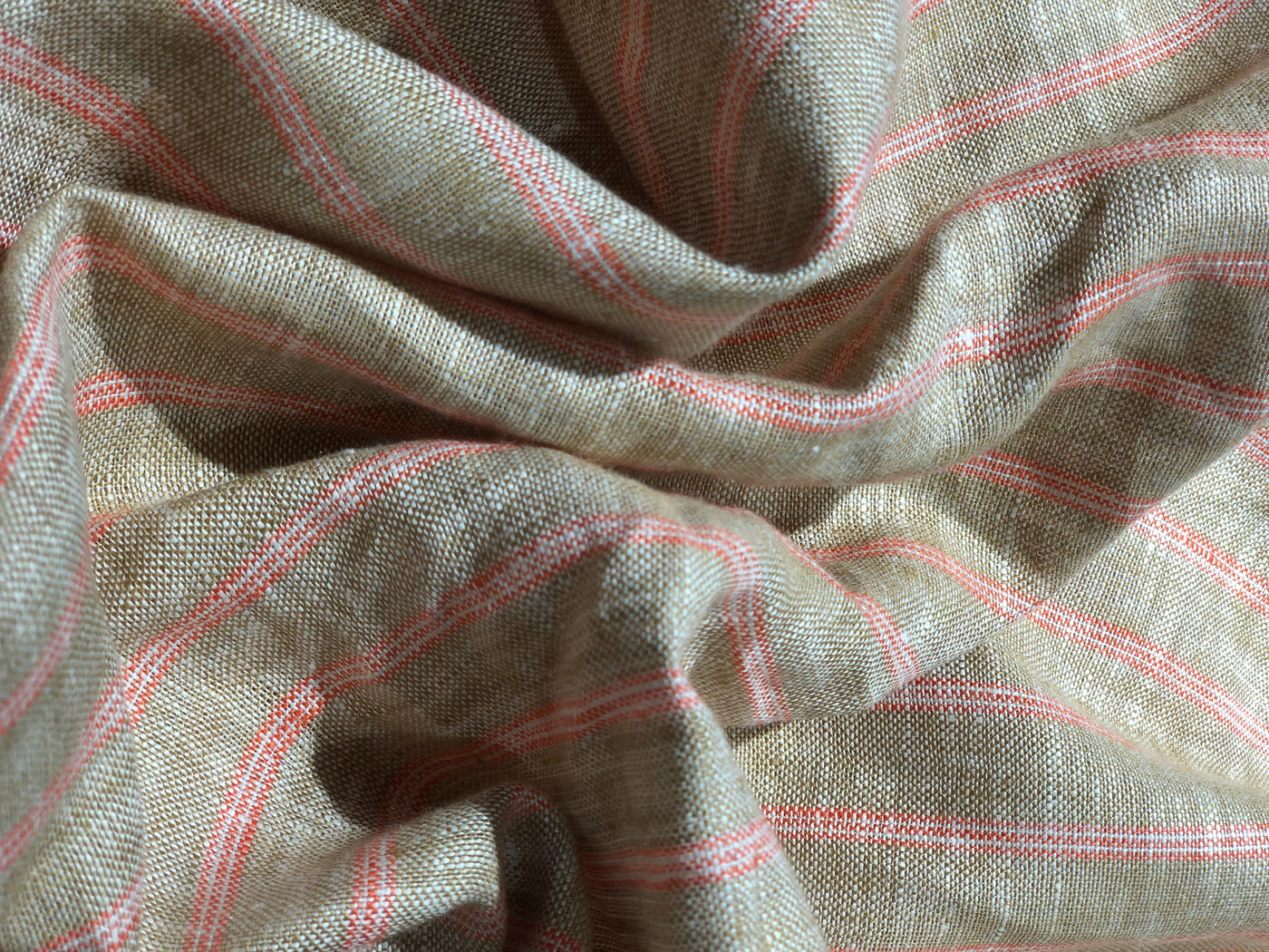100% linen stripe camel color with coral stripes 44 LEA 58" wide [17449]