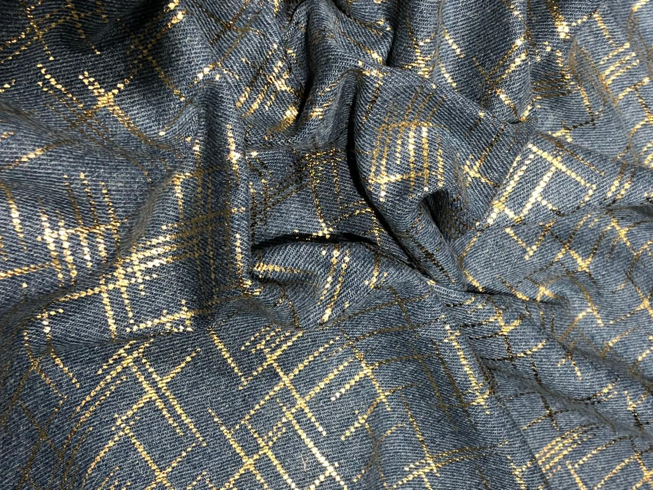 100% Cotton Denim Fabric with foil print 58" wide available in 3 colors light dusty green, light blue and darker blue[17720/21/22]