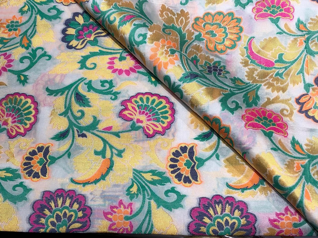 Silk Brocade fabric with multi color  floral jacquard and metallic  gold available in 3 colors  white,green , and pink BRO1014