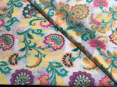 Silk Brocade fabric with multi color  floral jacquard and metallic  gold available in 3 colors  white,green , and pink BRO1014