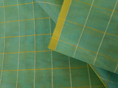 Chanderi SEA GREEN Tissue fabric with Single metallic gold Checks 44" wide sold by the yard.[11094]