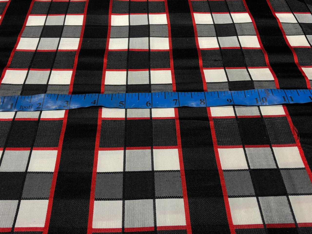100% PURE SILK DUPIONI FABRIC  PLAIDS black,red,grey, ivory and red COLOR 54" WIDE single length 2.15 yds DUPcutC7