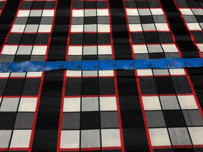 100% PURE SILK DUPIONI FABRIC  PLAIDS black,red,grey, ivory and red COLOR 54" WIDE single length 2.15 yds DUPcutC7