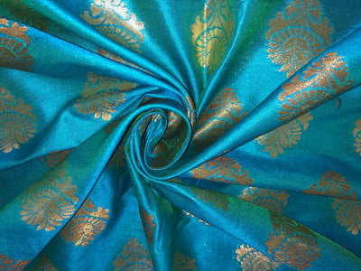 100% PURE Silk Brocade fabric 44" wide FLOWER MOTIF TURQUOISE BLUE BRO1016[3]