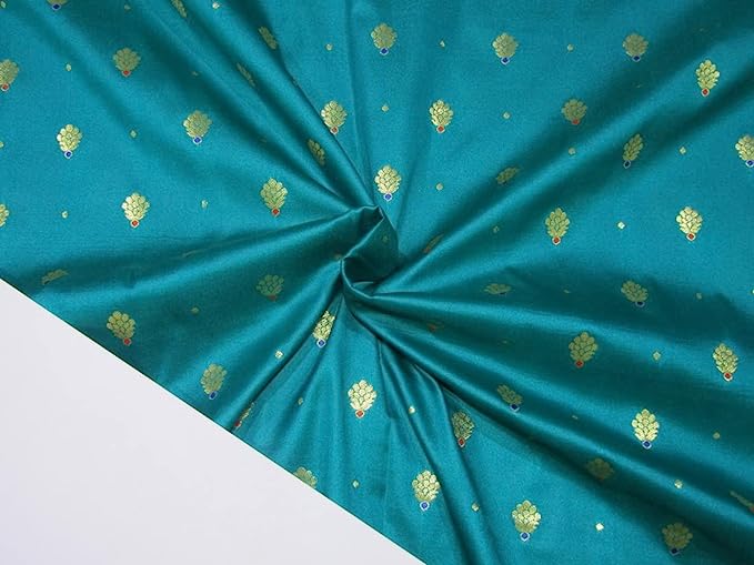 100% Silk Brocade Fabric Kingfisher Green x Metallic Gold color 44" wide BRO772B[6]