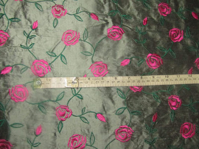 100% SILK DUPION black x light green pink rose FLORAL EMBROIDERY 54&quot;DUPE58[1]