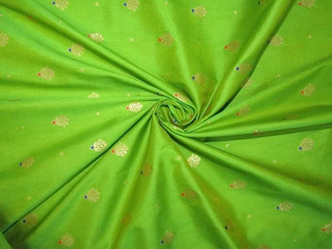 100% Silk Brocade Fabric Pear Green x Metallic Gold color 44" wide BRO772B[7]