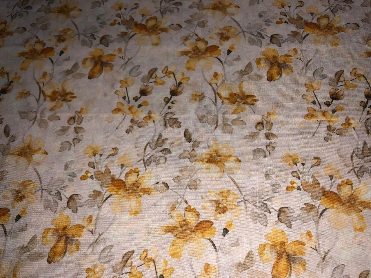 100% Linen  60 Lea Fabric mustard gold floral print [17754]