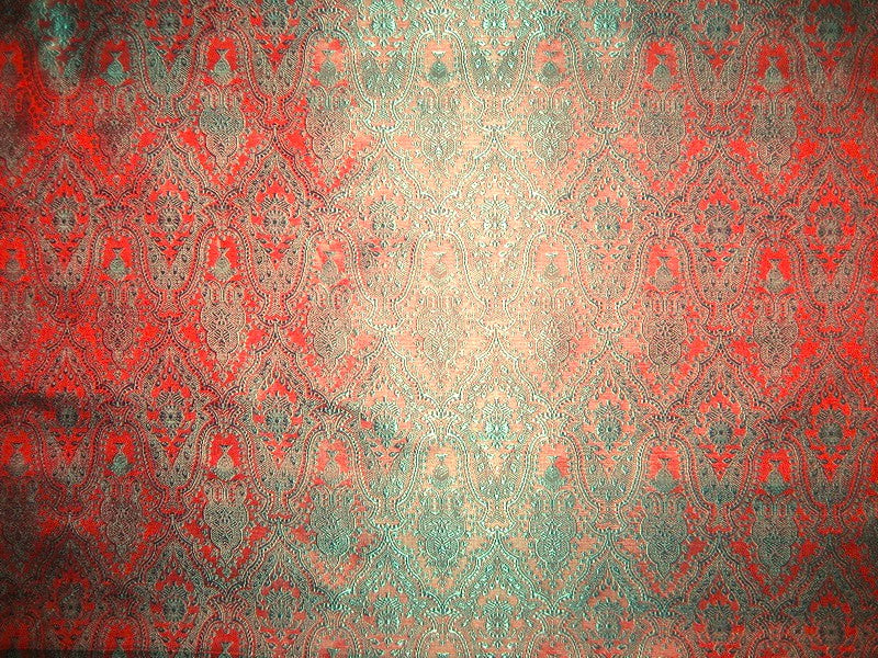 Silk Brocade fabric Teal Green &amp; Rusty Red Colour BRO152[3]