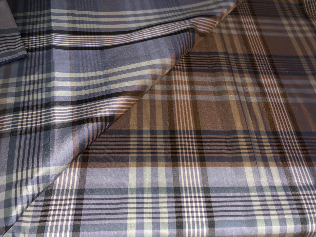 100% PURE SILK DUPIONI FABRIC  PLAIDS DUSTY GREYS ,GREENS AND BROWNS COLOR 54" WIDE by the yard DUPcutC20