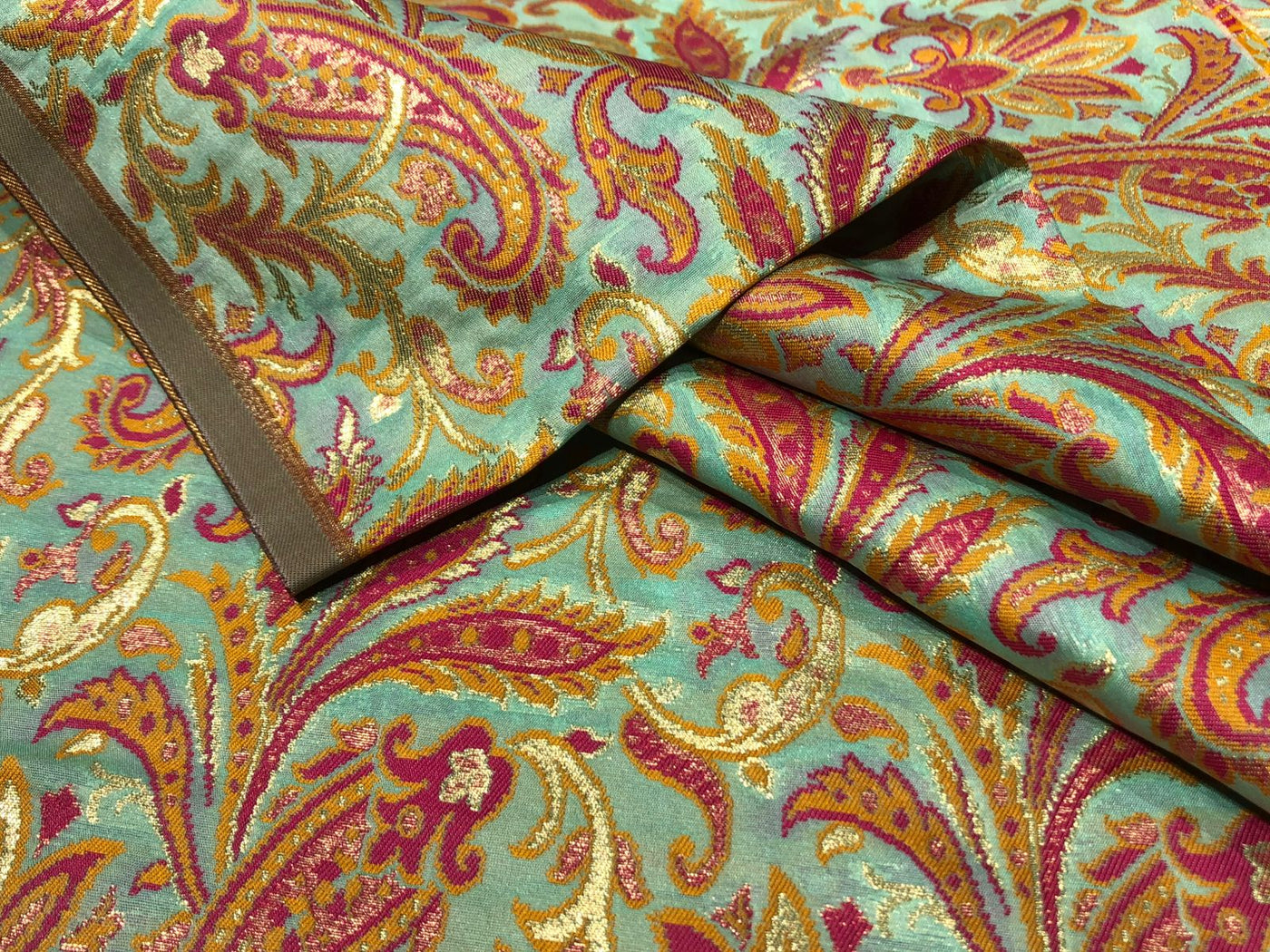 Silk Brocade fabric 44" floral, paisley with gold metallic jacquard available in 3 colors pink,peach,mango/mint green,pink,mango and silver grey,pink,mango BRO1058