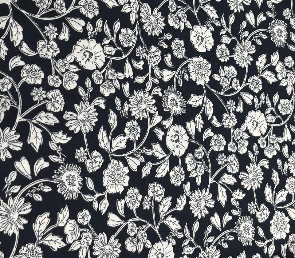 100% Cotton Poplin black , ivory floral print 56" wide [18266]