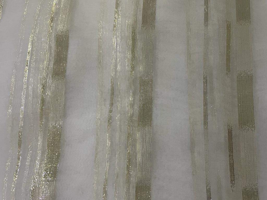 100% silk organza white with white gold lurex stripes fabric 44" wide [15512]
