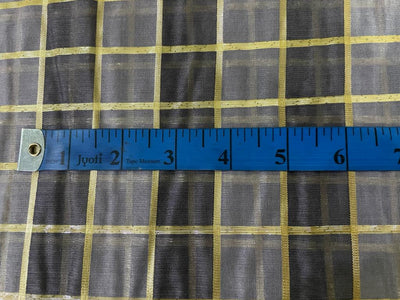 Cotton chanderi fabric plaids shade of grey &amp; metallic gold 44" wide [9260]