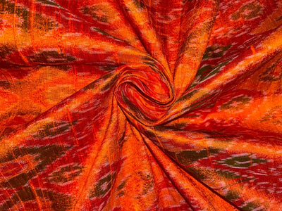 100% pure silk dupion ikat fabric orange x green color 44" wide