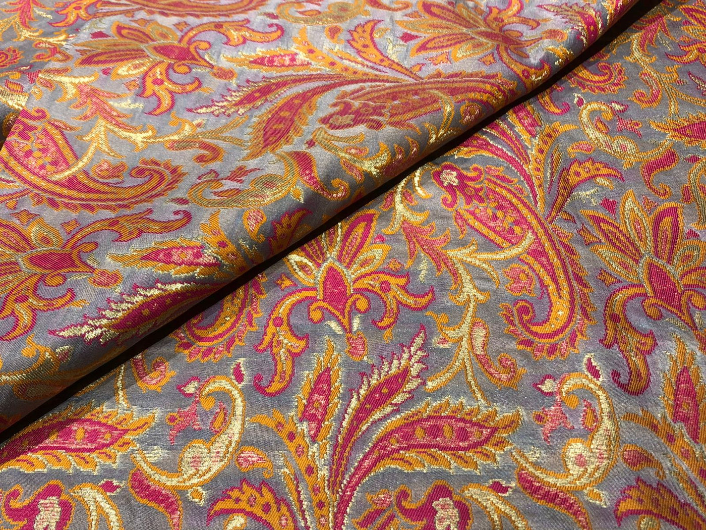 Silk Brocade fabric 44" floral, paisley with gold metallic jacquard available in 3 colors pink,peach,mango/mint green,pink,mango and silver grey,pink,mango BRO1058