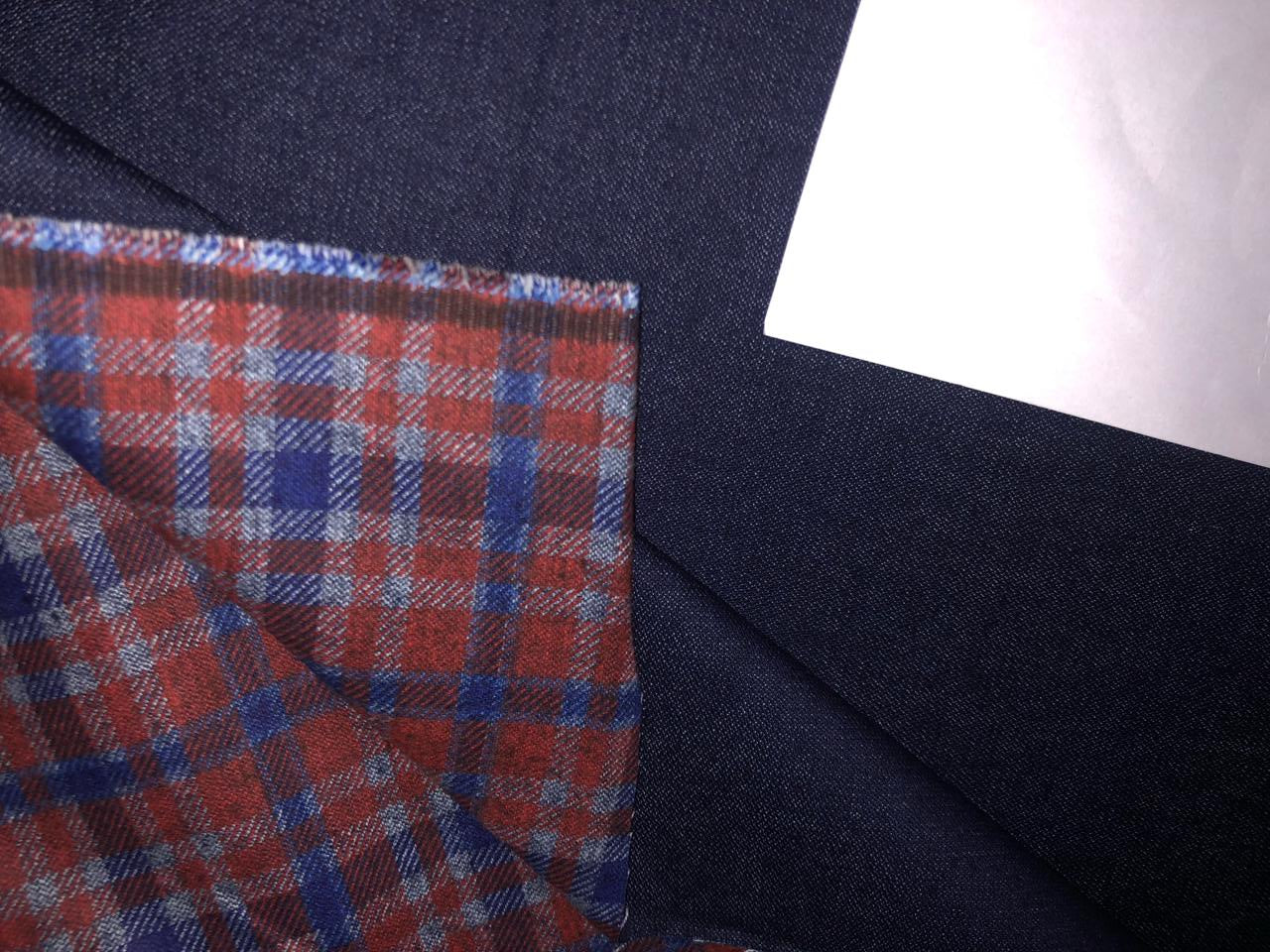 100% Cotton Denim Fabric 58" wide REVERSABLE available in 2 colors red and blue plaids with a solid denim blue reverse AND a blue purple plaid with a solid blue reverse with a [15747/48]