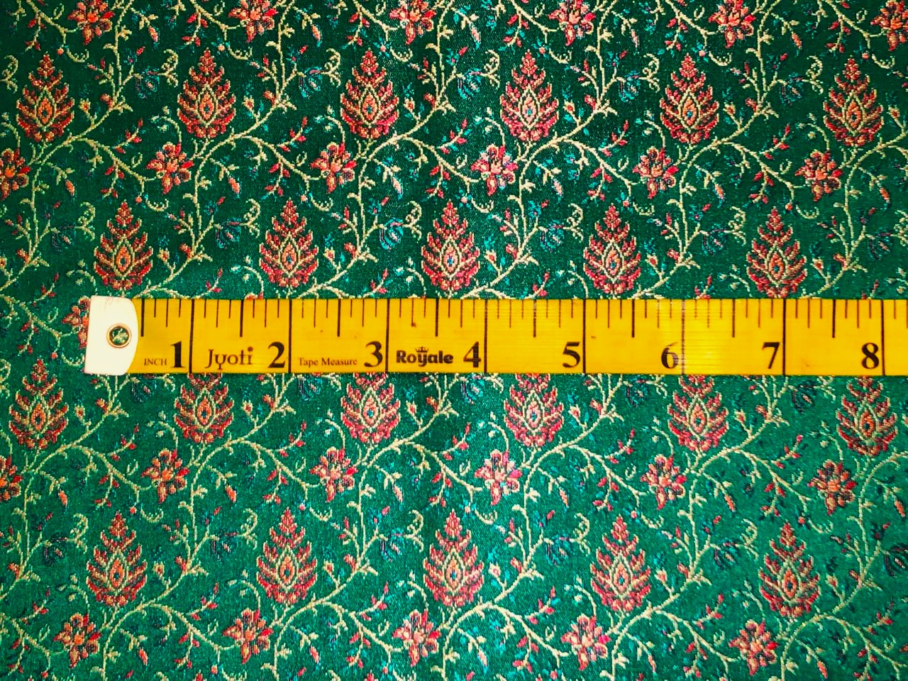 Silk Brocade fabric parrot green intricate floral with subtle red BRO1082[2]