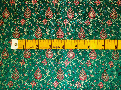 Silk Brocade fabric parrot green intricate floral with subtle red BRO1082[2]