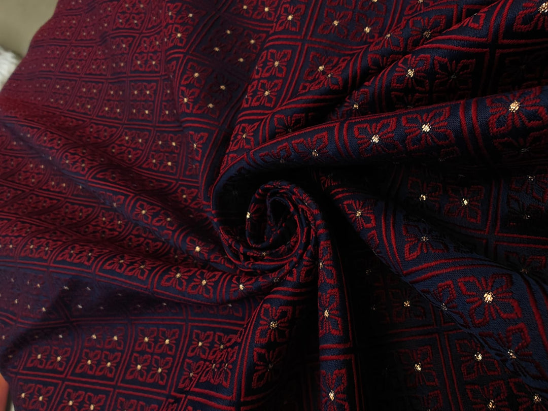 Silk Brocade fabric teal blue with red diamond motif with red
