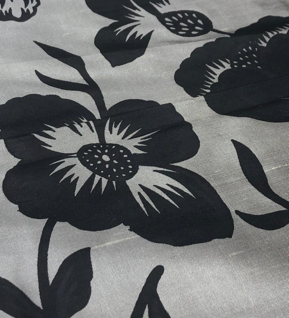 100% silk Dupion fabric brushed  gold with black floral print 54" wide DUPPRT42