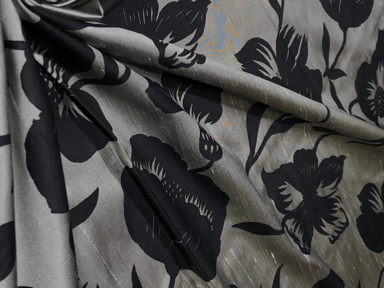 100% silk Dupion fabric brushed  gold with black floral print 54" wide DUPPRT42
