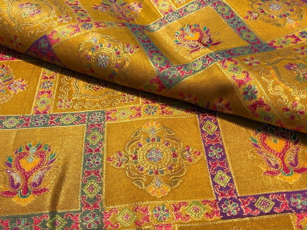 Silk Brocade fabric mustard gold with squares of floral  motifs BRO1090[2]