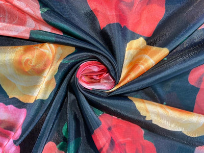 Satin organza fabric digital printed black with colorful roses WIDTH 44 INCHES 112 CMS WIDE [9220]