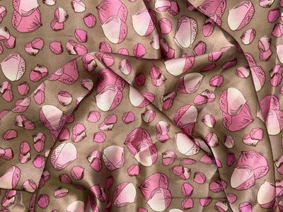 100% Pure Silk Satin 80 grams Dusty olive with pink motifs 54"Wide Fabric [18284]