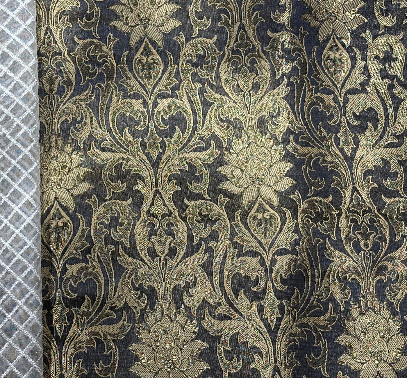 Silk Brocade fabric 44" antique gold jacquard motifs with vines available in 2 colors navy and black  BRO1054