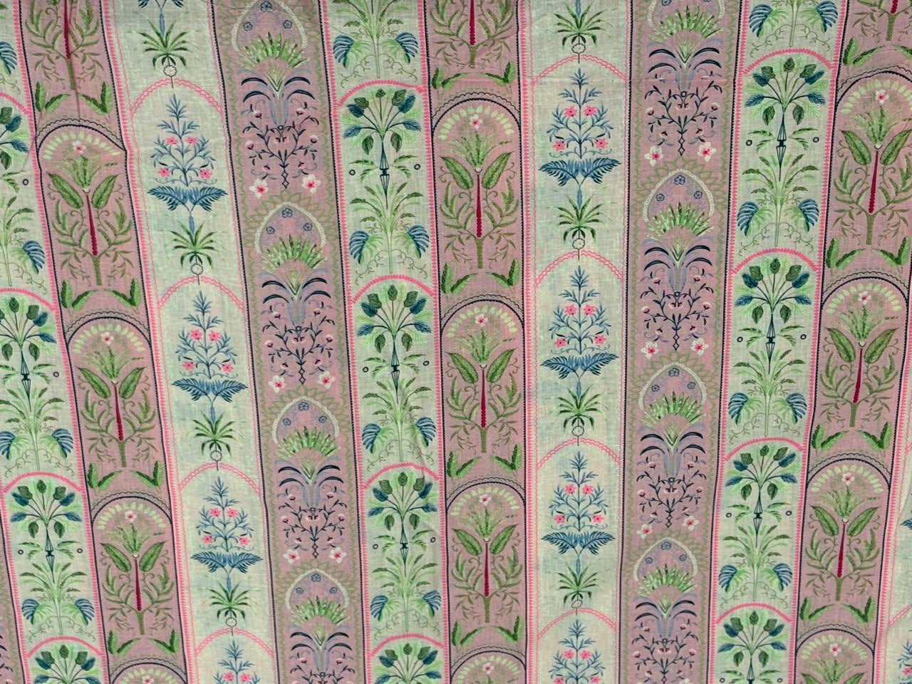 Linen 70% ,Cotton 30% print pink and white floral stripes 56" wide [18432]