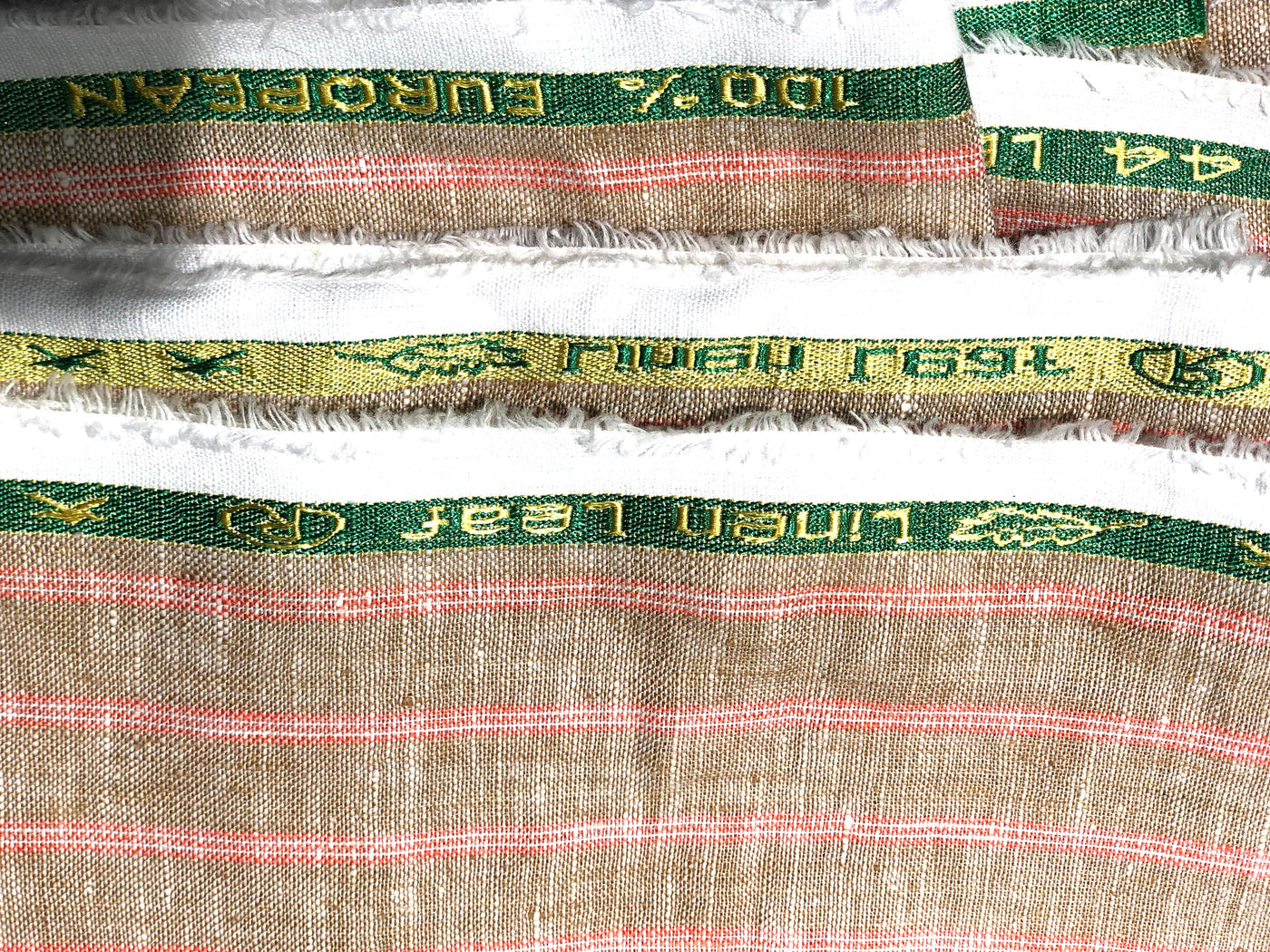 100% linen stripe camel color with coral stripes 44 LEA 58" wide [17449]