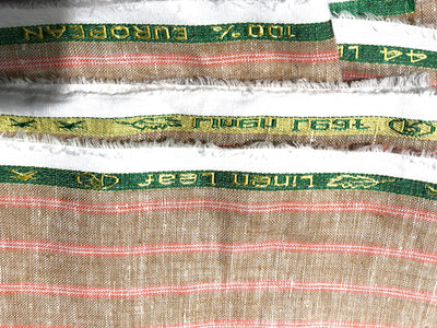 100% linen stripe camel color with coral stripes 44 LEA 58" wide [17449]