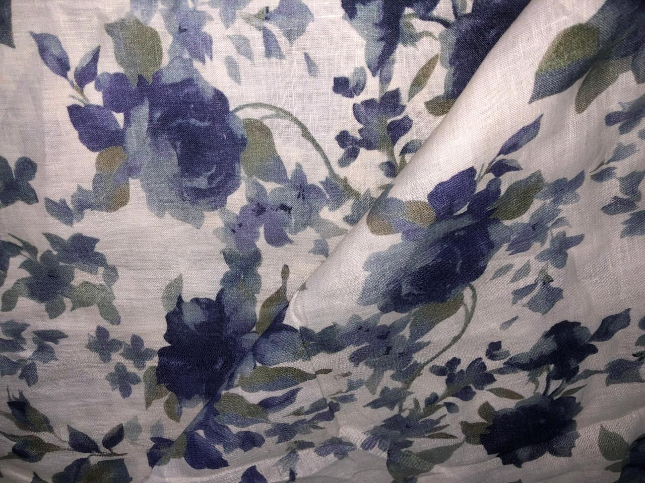 70's lea  pure linen fabric 57 inch wide grey and blue floral print [17649]