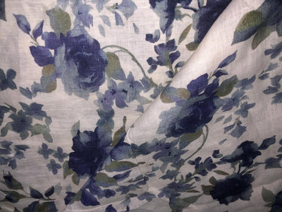 70's lea  pure linen fabric 57 inch wide grey and blue floral print [17649]
