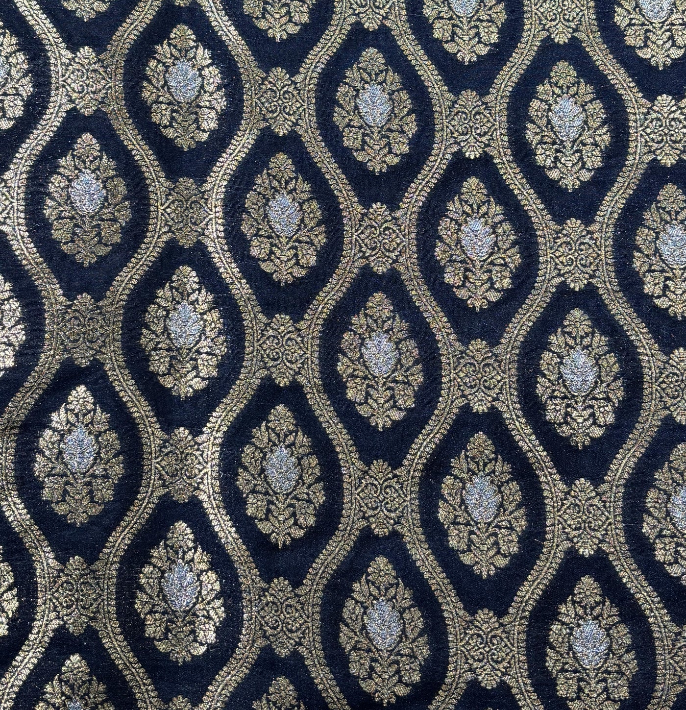Silk Brocade fabric 44" dark navy with silver and gold metallic jacquard  motif BRO1055[1]