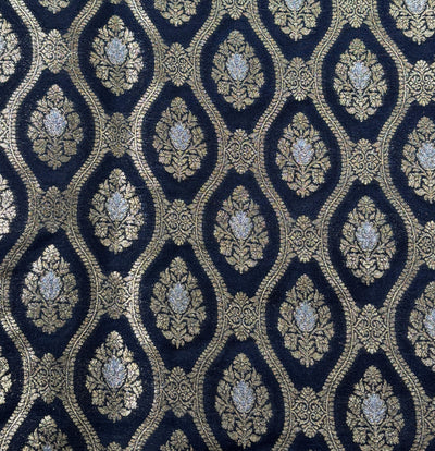 Silk Brocade fabric 44" dark navy with silver and gold metallic jacquard  motif BRO1055[1]