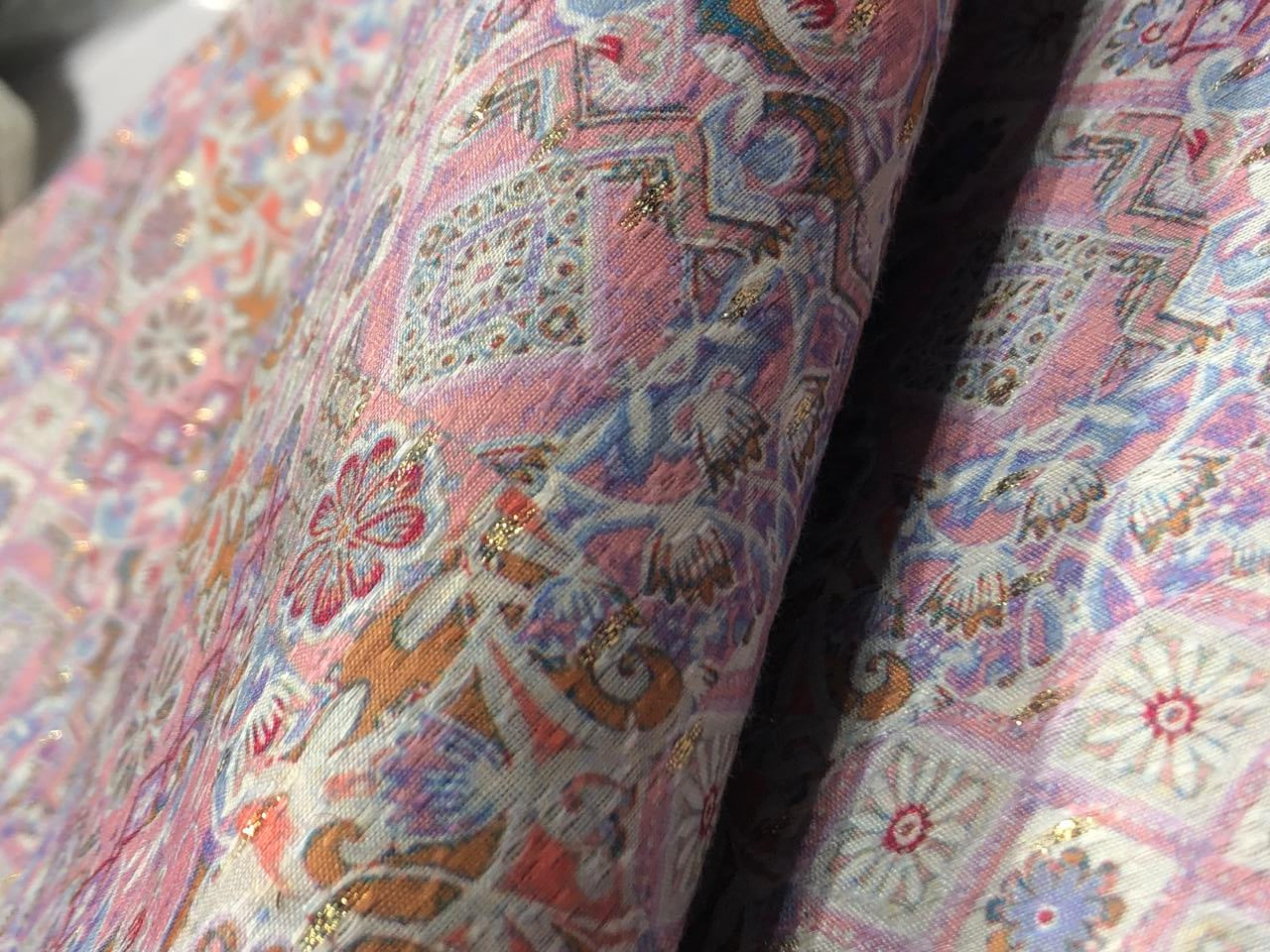 Silk Brocade fabric 56" ivory with  pink with blue and mango floral and very subtle metallic gold jacquard BRO1060[2]