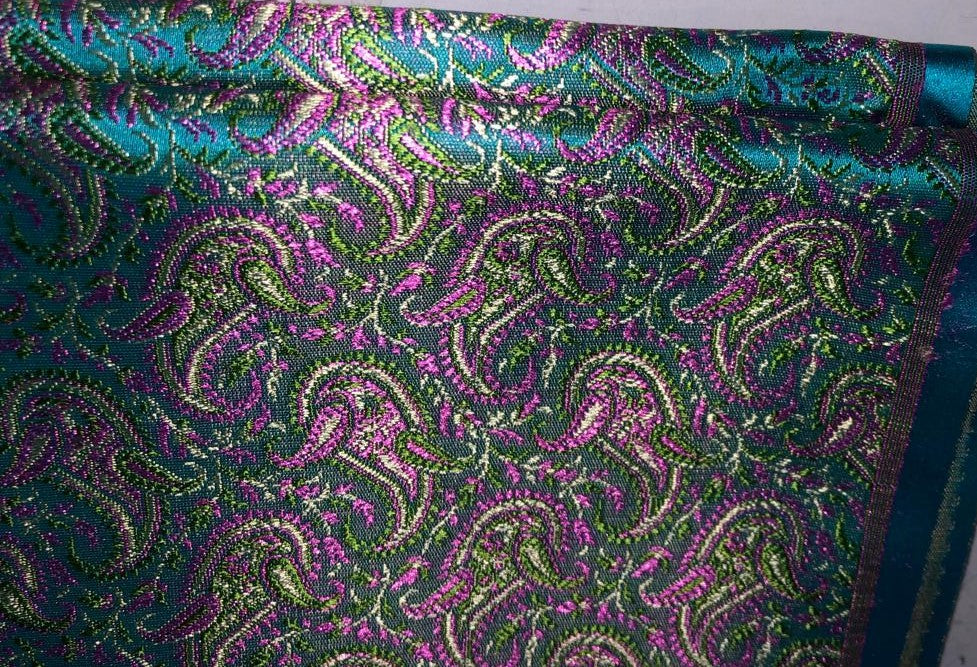 Silk Brocade fabric 44" turquoise, green and pink paisley jacquard BRO1050[2]