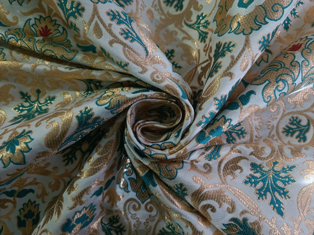 Silk Brocade fabric 44" wide BRO879 available in 4 colours Ivory; Pink; Red / Ivory; Green / Red / Ivory; Emerald Green; Red / Ivory; black ;Red AND METALIC GOLD