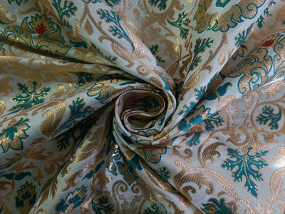 Silk Brocade fabric 44" wide BRO879 available in 4 colours Ivory; Pink; Red / Ivory; Green / Red / Ivory; Emerald Green; Red / Ivory; black ;Red AND METALIC GOLD