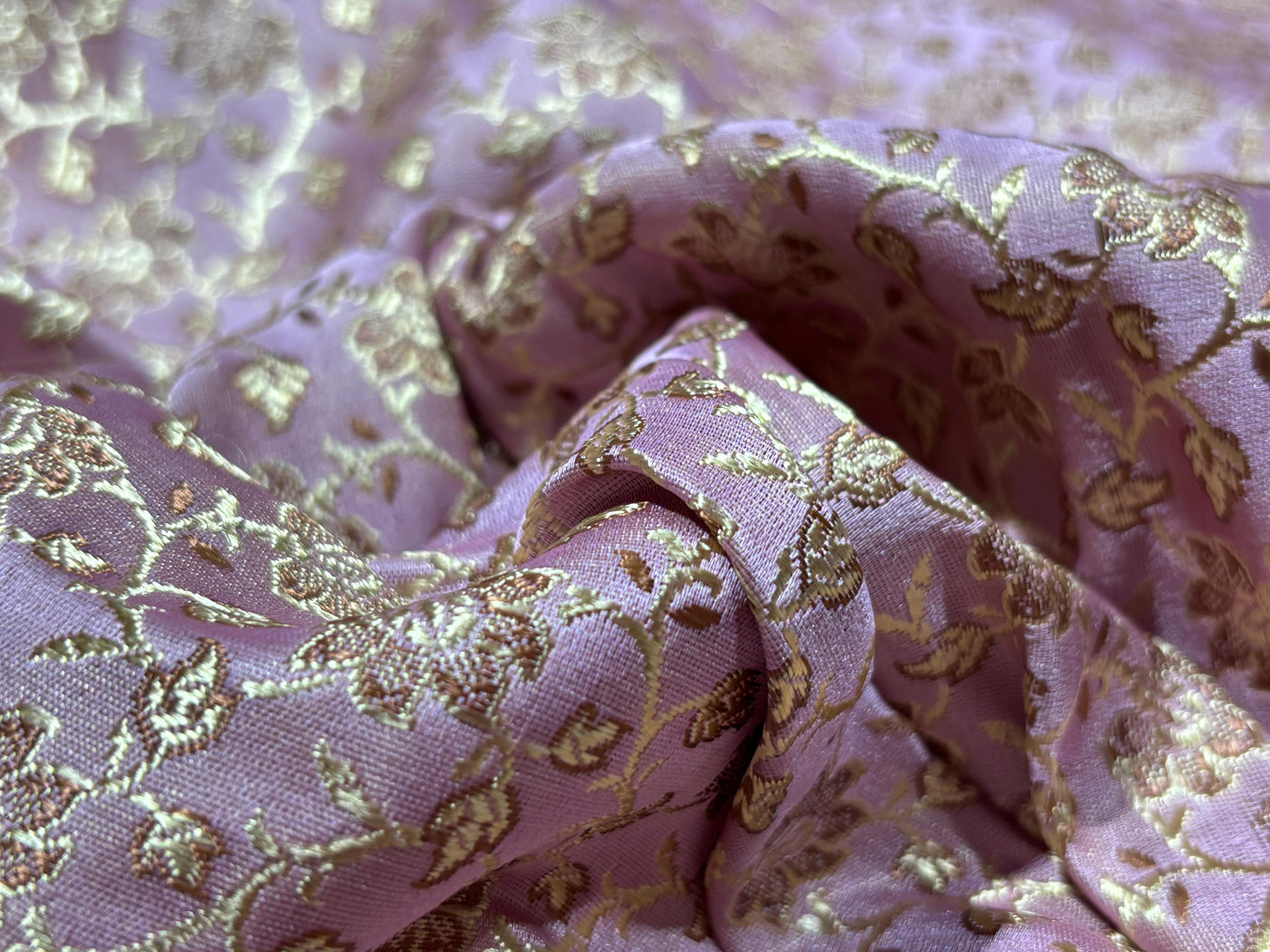 Silk Brocade fabric 44" thistle[lilac] color with golden brown floral vines jacquard  BRO1055[2]