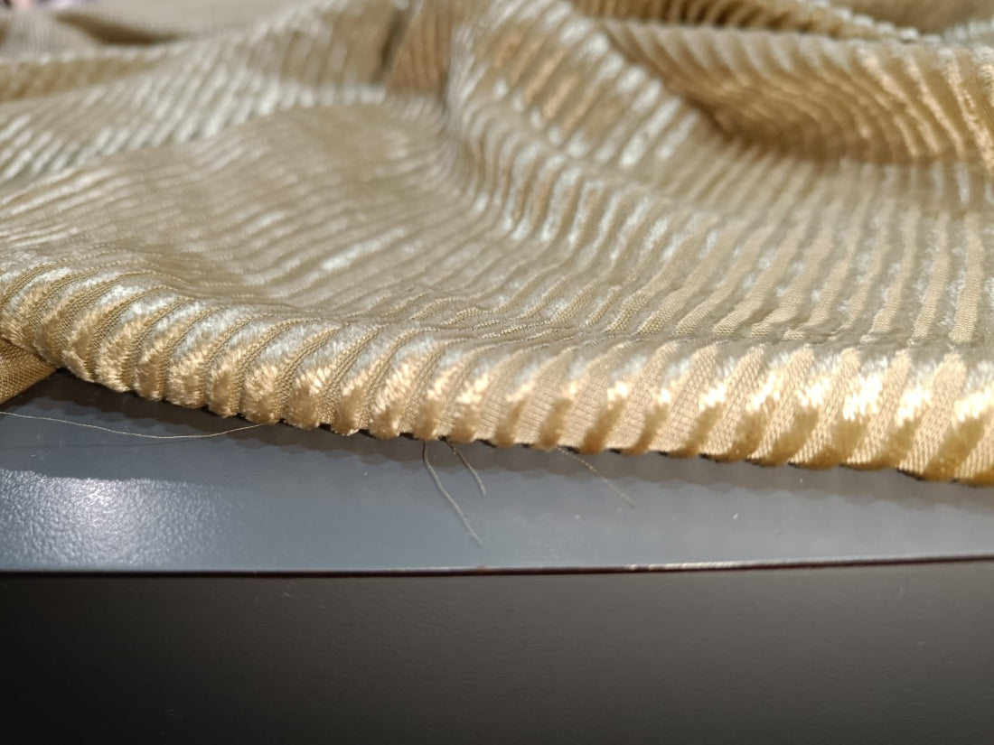 Devore Embossed Viscose Burnout Velvet fabric golden beige self stripes 44" wide [10666]