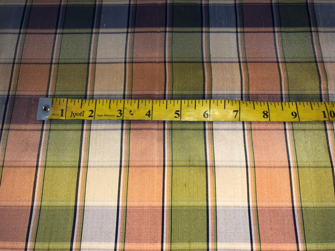 100% PURE SILK DUPIONI FABRIC  PLAIDS SILVER,BLACK, GREENS AND GOLD  COLOR 54" WIDE single length 3.65  yds DUPcutC14