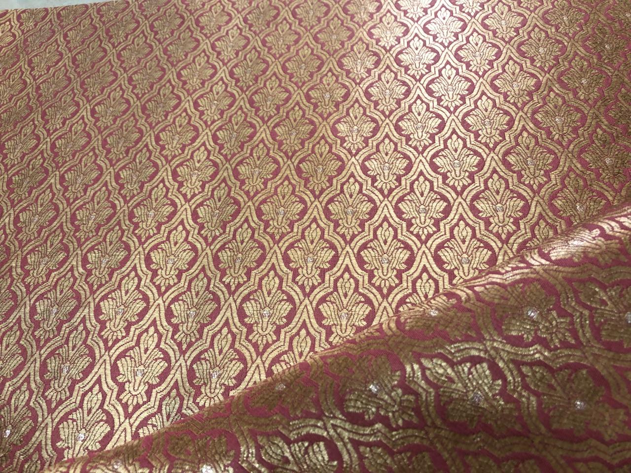 Silk Brocade fabric with subtle gold metallic jacquard motifs44" wide available in 4 colors rosy brown ,rust, bottle green and purple BRO1104