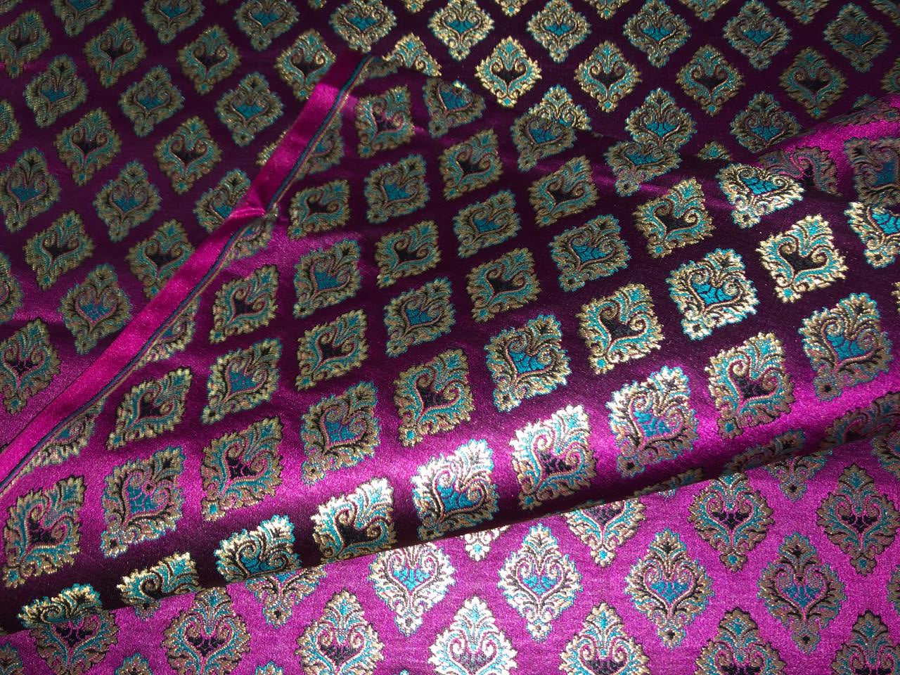 Silk Brocade fabric 44" magenta with teal and  gold metallic jacquard  motif BRO1056[1]