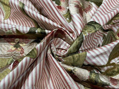100% Silk dupioni silk 54&quot;-dark ivory  and dusty burgundy  color stripe  with floral embroidery in  burgundy  and olive DUPE67