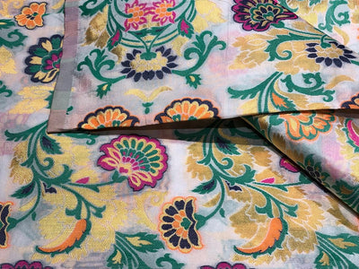 Silk Brocade fabric with multi color  floral jacquard and metallic  gold available in 3 colors  white,green , and pink BRO1014