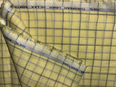 100% Linen stripe 60's Lea Fabric 58" wide lemon yellow and blue plaids[17192]