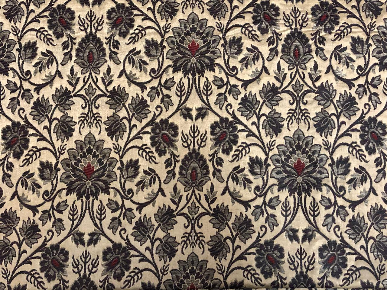 Silk Brocade fabric ivory with silver grey and red floral jacquard BRO1069[3]